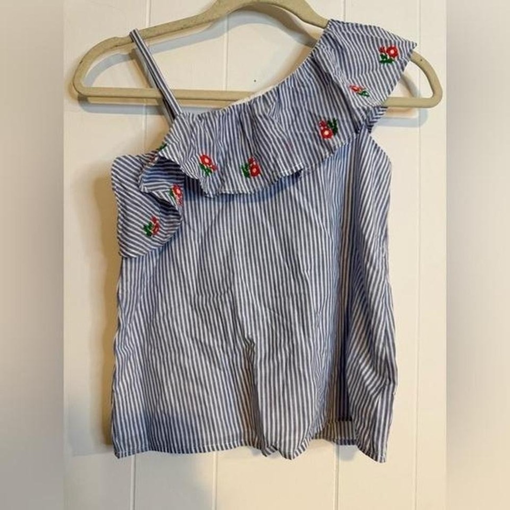 NWT JANIE & JACK GIRLS BLUE PINSTRIPE TANK TOP W/ EMBROIDERED FLOWERS Size‎ 10